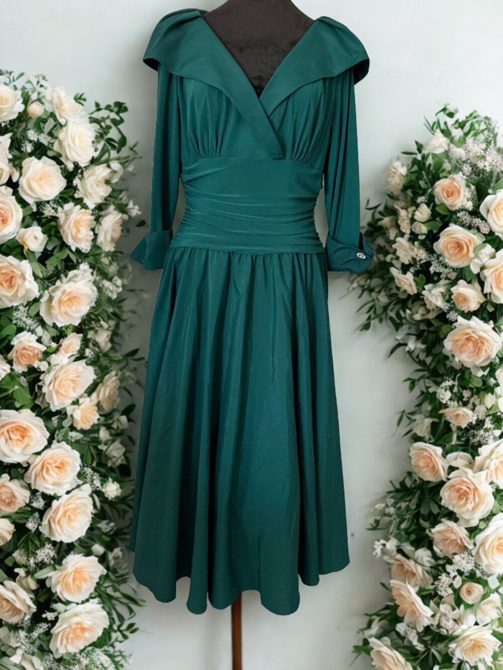 Hunter Green Tea Length Cocktail Dress with Rhinestone Sleeve Buttons